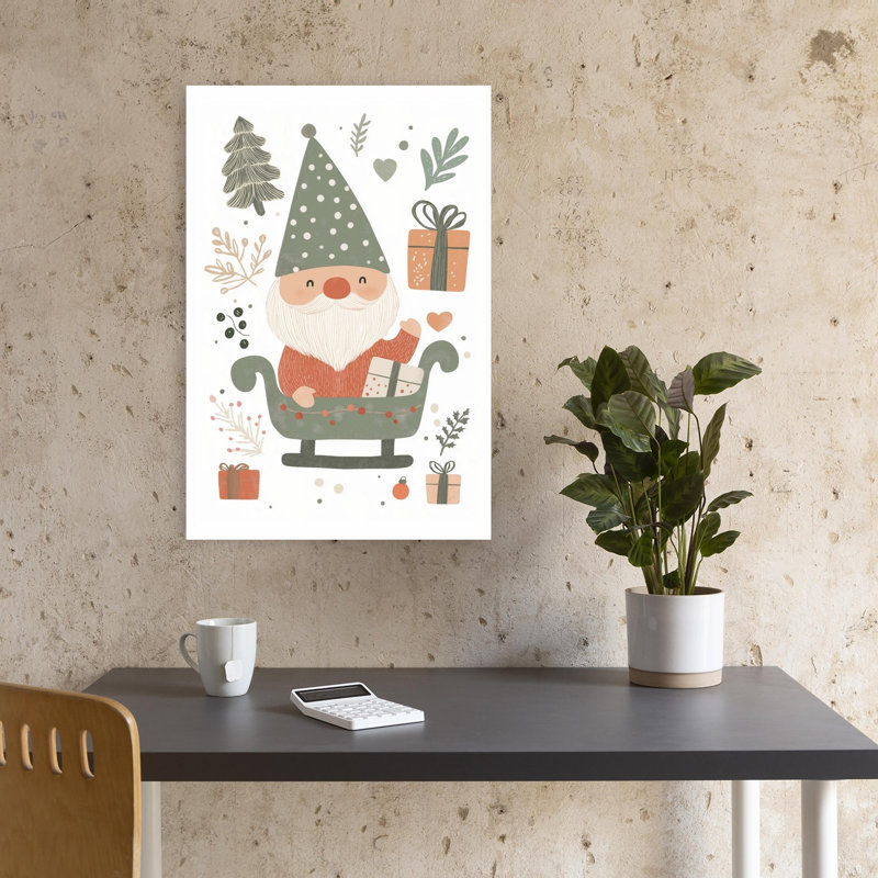 Happy Christmas Gnome Sleigh Whimsical Abstract Contemporary Christmas Tree Forest Winter Wall Art Print by Mathieu - Wrapped Canvas Print