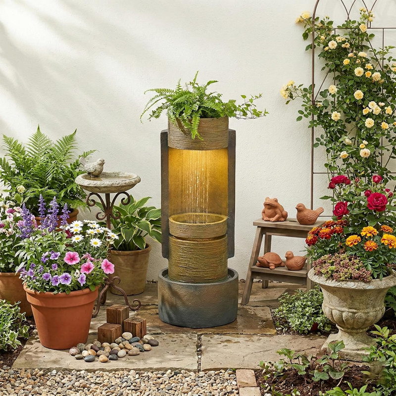 Modern Tiered Column Cascading Water Fountain with LED Lights & Planter, 33" Tall Resin Outdoor Water Feature for Garden Patio Decor