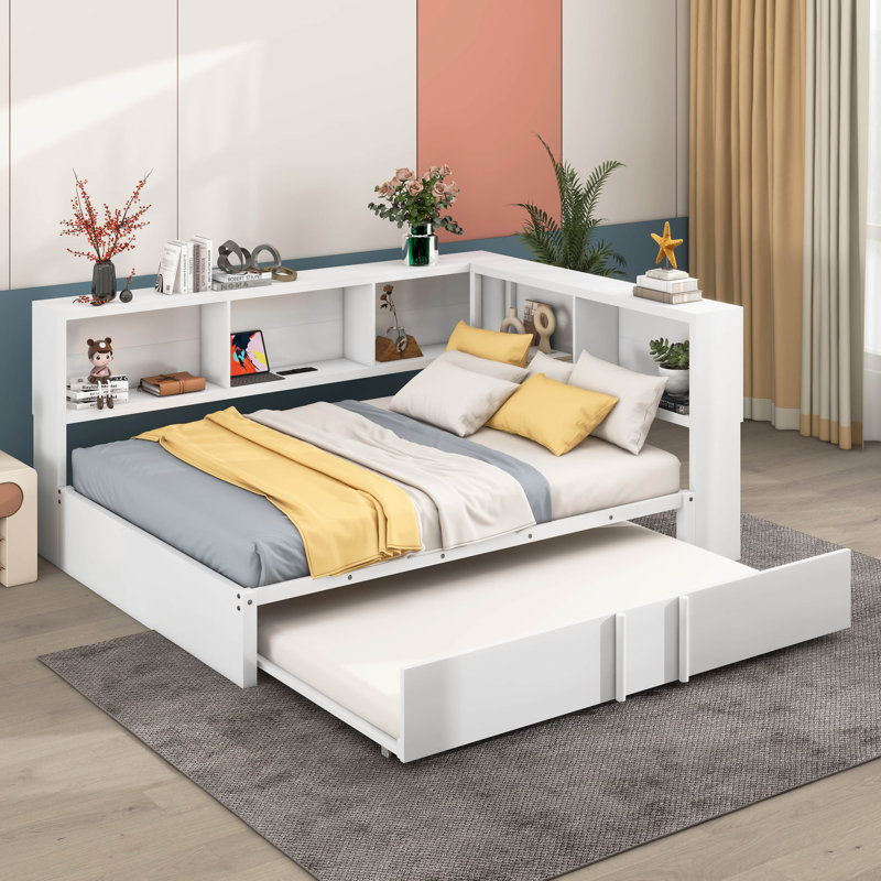 Full Size Metal Daybed With Trundle, Storage Cabinets And USB Ports, White