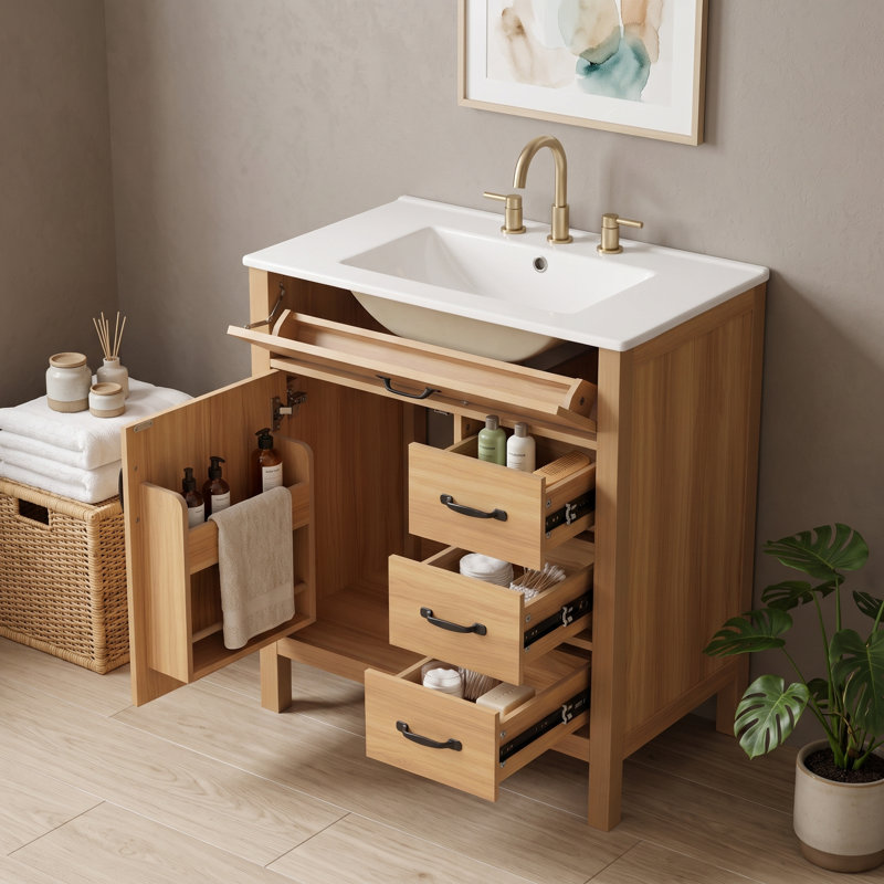 Meuble-lavabo autoportant contemporain avec lavabo en céramique, porte à fermeture douce et support de rangement double couche