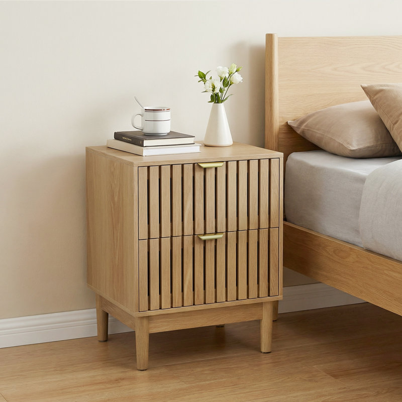 Oak Nature 2-drawer Grille Design Bedside Cabinet