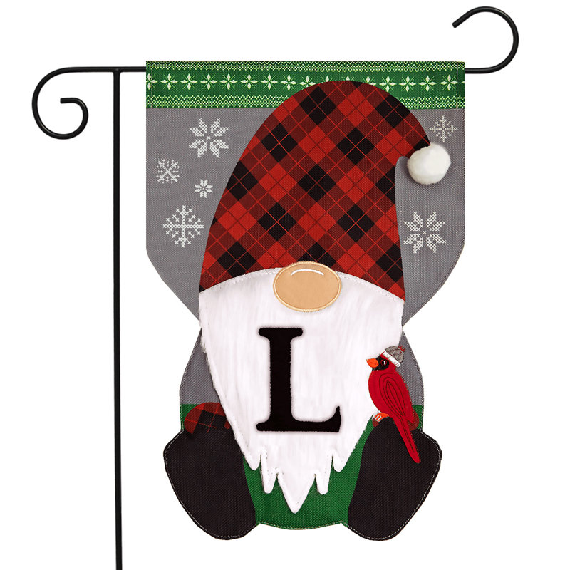 Gnome d'hiver, monogramme de la lettre L, drapeau de jardin