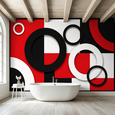 Peler et coller le papier peint adhésif abstrait géométrique cercles anneaux rouge noir blanc moderne minimaliste art mural auto-adhésif et amovible
