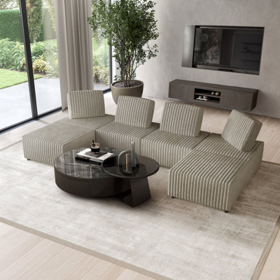 Ensemble 6 pièces de fauteuil modulaire en velours beige, d'angle et repose-pieds