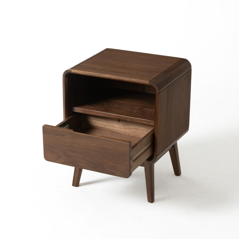 Table de chevet compacte en bois massif H 20,5 "avec tiroir et tablette ouverte MCM, Noyer américain, Individuel