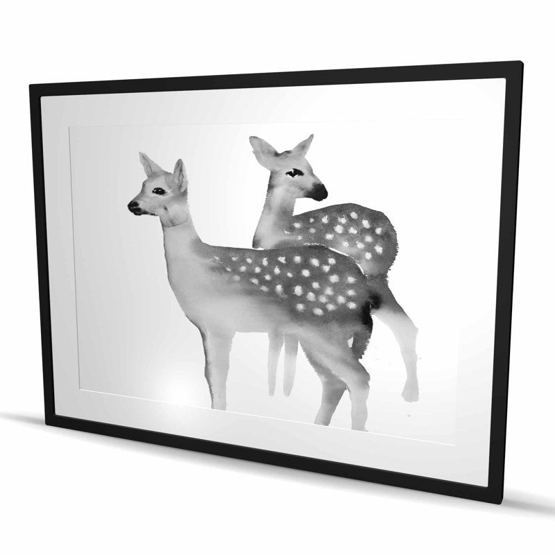 Faon noir et blanc - faune rustique, reproduction encadrée