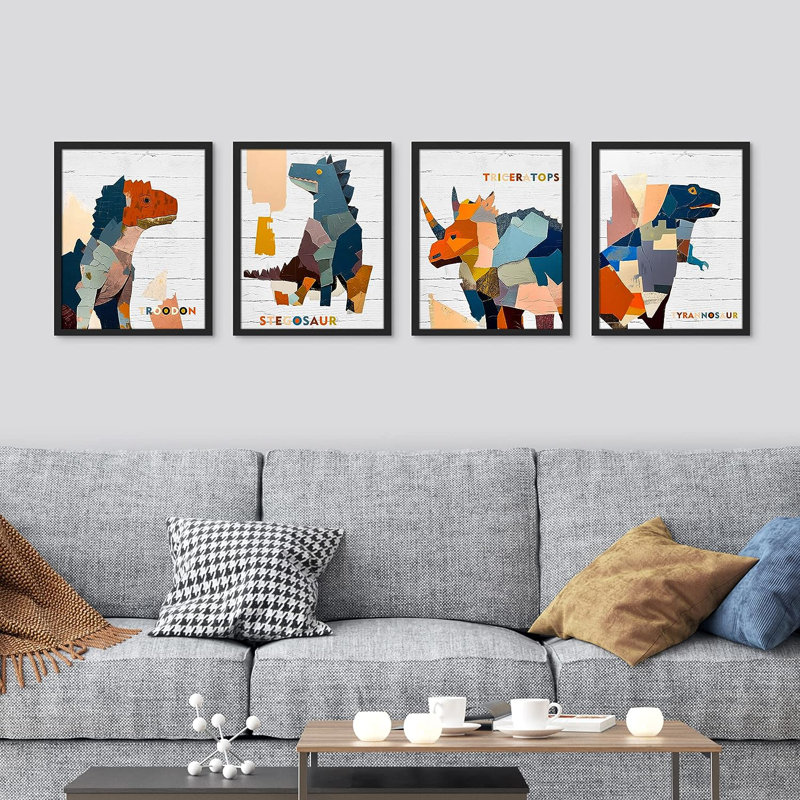 Boy's Bedroom Colorful Dinosaur Contemporary Pictures Framed Wall Art 4 Pieces Small Paper Print, 16" H x 12" W, Black