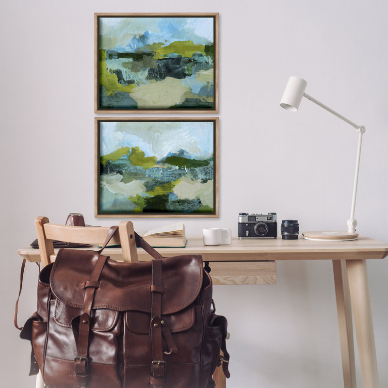  Abstraction avec détails verts, ensemble de 2 toiles flottantes encadrées par Victoria Barnes, H 17 po x l 21 po