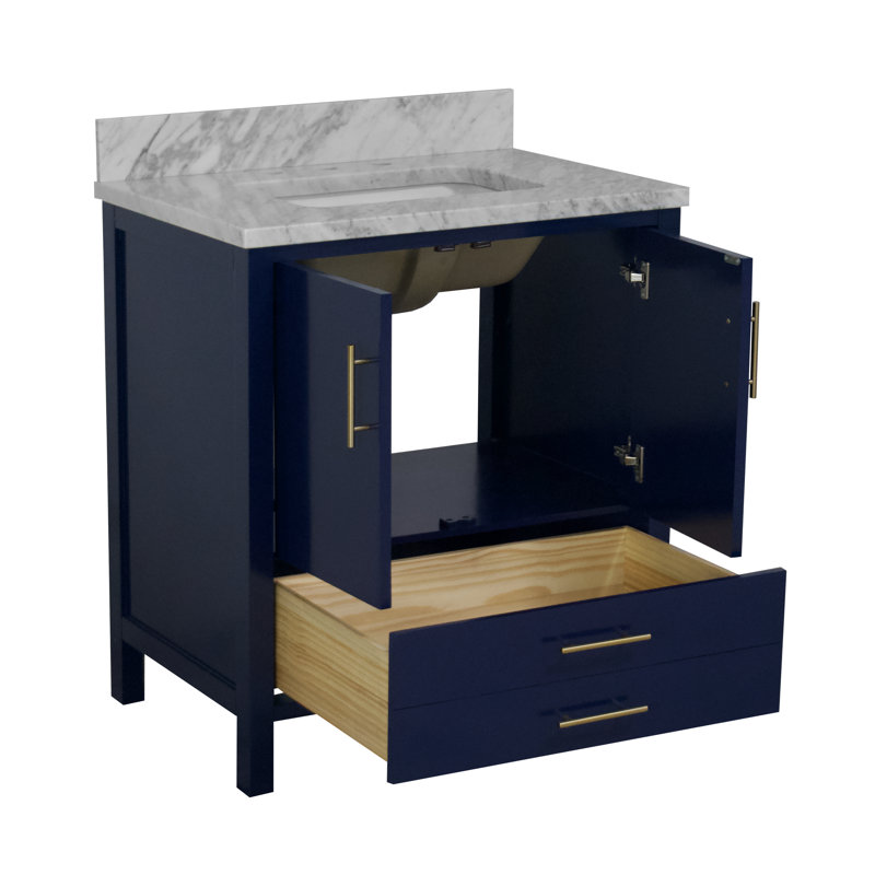 Ensemble de meuble-lavabo simple 30 po Kiara, Bleu royal, Marbre de Carrare