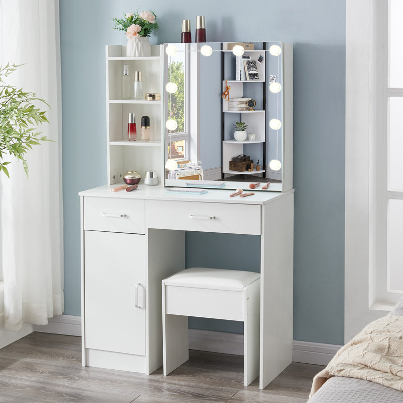 Meuble-lavabo avec miroir lumineux à DEL, table de maquillage avec 2 tiroirs et 1 armoire de rangement dissimulée coulissante et 1 armoire pour la chambre à coucher