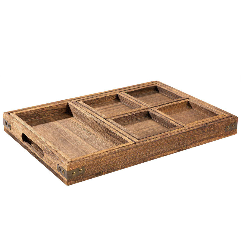 Wooden Service Tray And Handle, Rectangular Plate Entertainment, Breakfast, Coffee Table, (Rustic/7 Pcs)