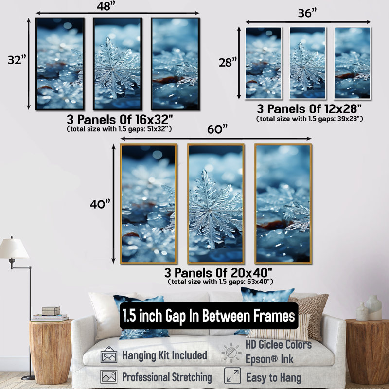 «Sunrise Snowflake Tranquility V - Winter Landscape», art mural, Cadre flottant blanc, H 28 po x l 36 po x P 1 po