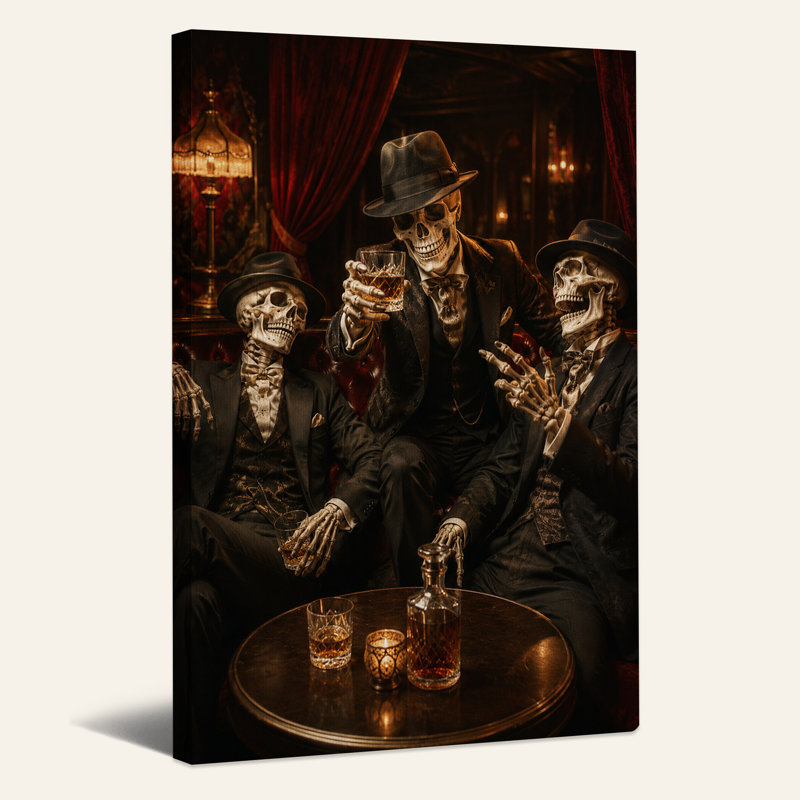 «Three Skeleton Men in Suits Dr buing Whiskey in Halloween», art mural sur toile, H 24 po x l 18 po