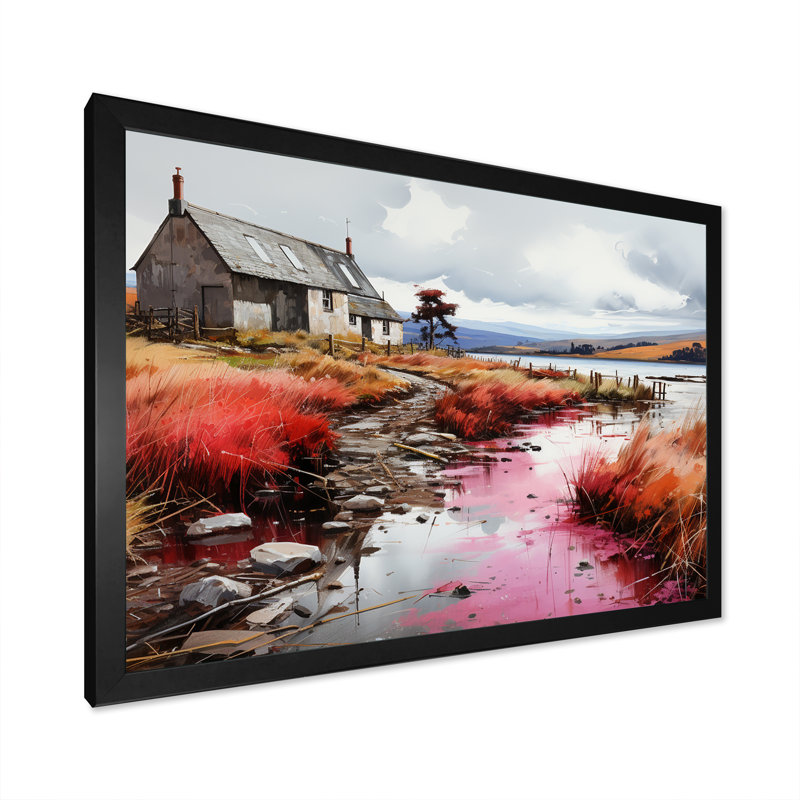 Meadow Cottage At The Pond 3 - Paysage, art mural sur toile tendue, Cadre d'angle fermé noir, H 20 po x l 12 po x P 1 po