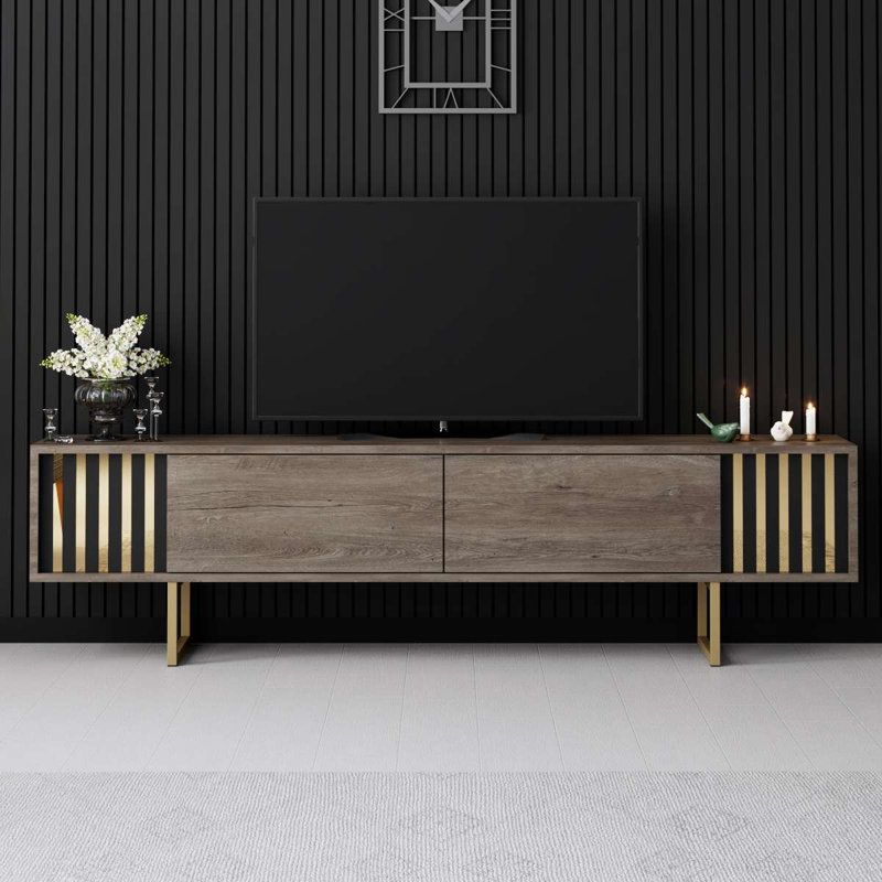 Meuble télé moderne avec pieds en métal, couleur noyer et or, 70,9 po x 11,8 po x 18,9 po | 100% panneau de particules enduit de mélamine, épaisseur: 0,7 pouce | Conception élégante et durable pour le salon et les espaces de divertissement