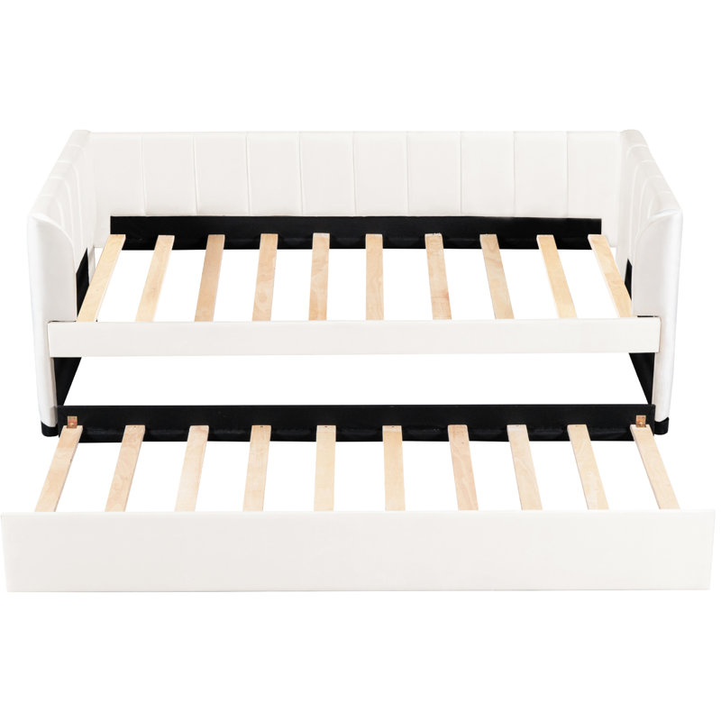 Lit de jour simple en velours beige avec housse de lit gigogne extensible et compacte pour un sommeil confortable