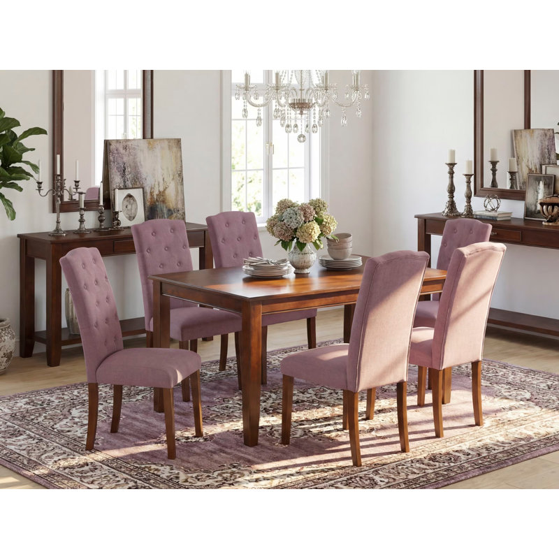 Ensemble de table de salle à manger 7 pièces composé d'une table rectangulaire en bois et de 6 chaises de salle à manger Parson en lin Dahlia, acajou