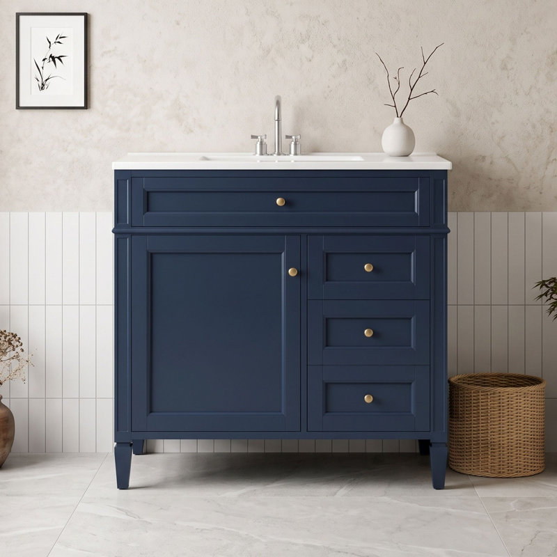 Meuble-lavabo avec lavabo supérieur, 2 tiroirs et tablette, Bleu