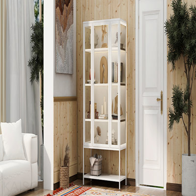 67.25'' Tall White Iron Display Cabinet With Glass Door And Led Lights Steel Curio Cabinet For Collectibles Figures Trophies 3-Sided Glass Display Case For Home Office Study Room Stores Playroom