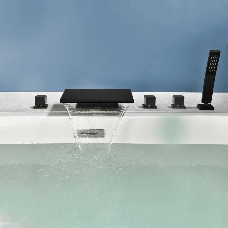 Deck Mount Roman Tub Faucet Set Waterfall High Flow Bathtub Faucets, Black