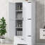 Armoire de salle de bain haute - blanc, 2 portes, 1 tiroir, tablettes réglables, protection incluse, blanc avec planche de rangement, mécanisme de basculement