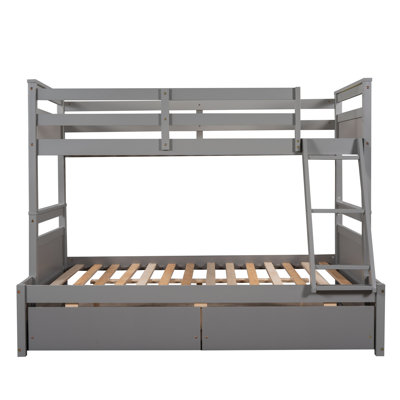 Lit simple superposé au dessus d'un lit double avec rangement - Gris