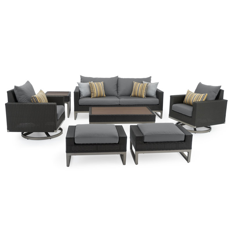 Milo Motion 7 Piece Rattan Sunbrella Sofa Set with Cushions, Charcoal Grey Sunbrella®, Brown