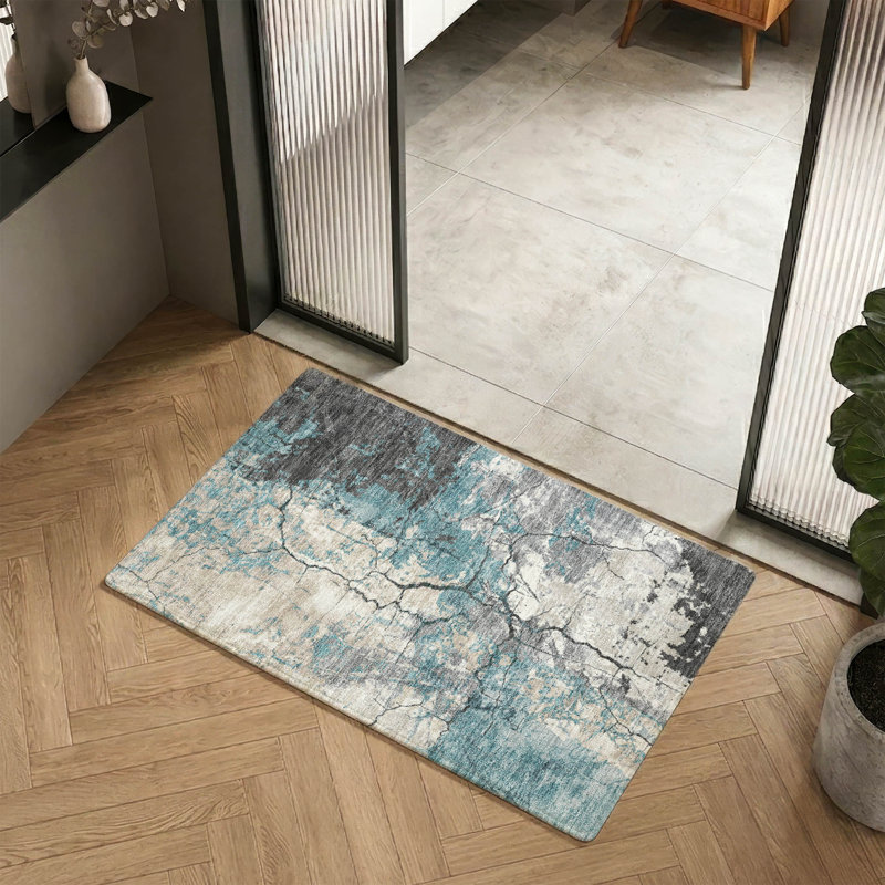 Tapis abstrait lavable à la machine de qualité supérieure Mayfield AMF2431, Sarcelle, 2 pi 6 po x 3 pi 10 po