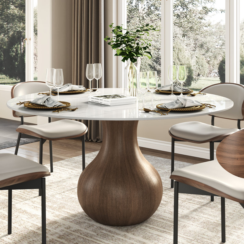 Otelia Farmhouse Dark Walnut Pedestal Dining Table For 4/6/8/10, White, 29.52"H x 59"L x 59"W