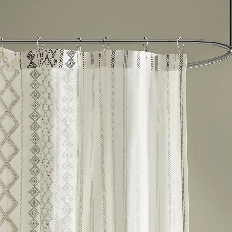 Cotton Printed Shower Curtain With Chenille, Ivory