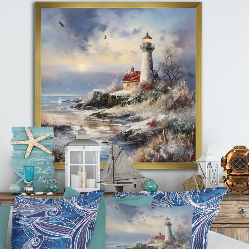 Charme de phare côtier en hiver, H 36 po x l 36 po x P 1,5 po, Cadre doré simple