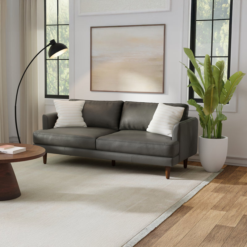 Canapé-causeuse Mid-Century moderne en cuir véritable avec cadre en bois massif Livingston, L 76 po, Noir