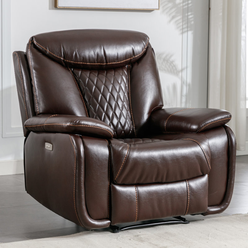 Saneela 40" Wide Modern Breathable Leather Power Recliner with Durable Diamond Stitching & USB, Classic Espresso
