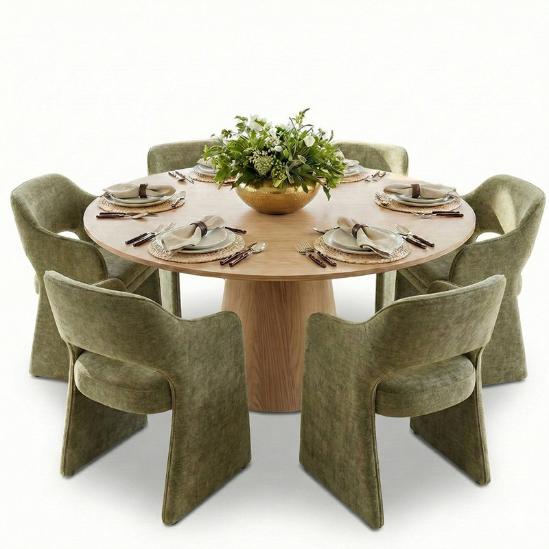 6 - Person Dining Table Sets With Round Table & 6 Upholstered Fabric Chairs, Yellow, Sage Green