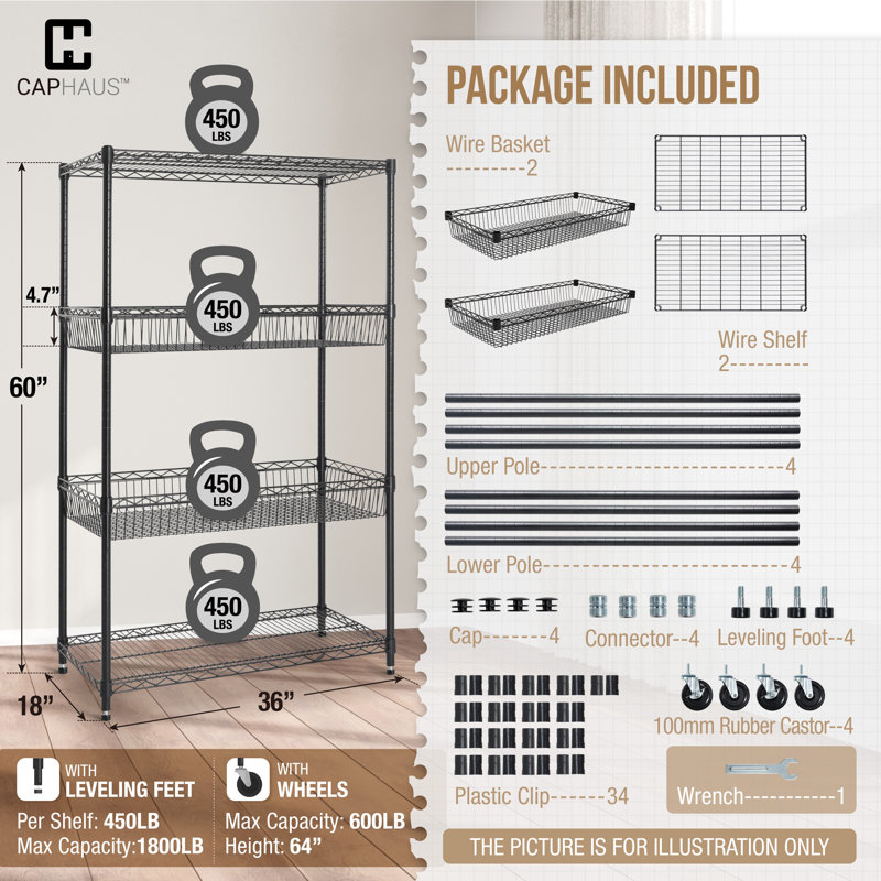 CAPHAUS Marshay NSF Commercial Heavy Duty 4 Tier Wire Shelving w/Two Rectangle Baskets