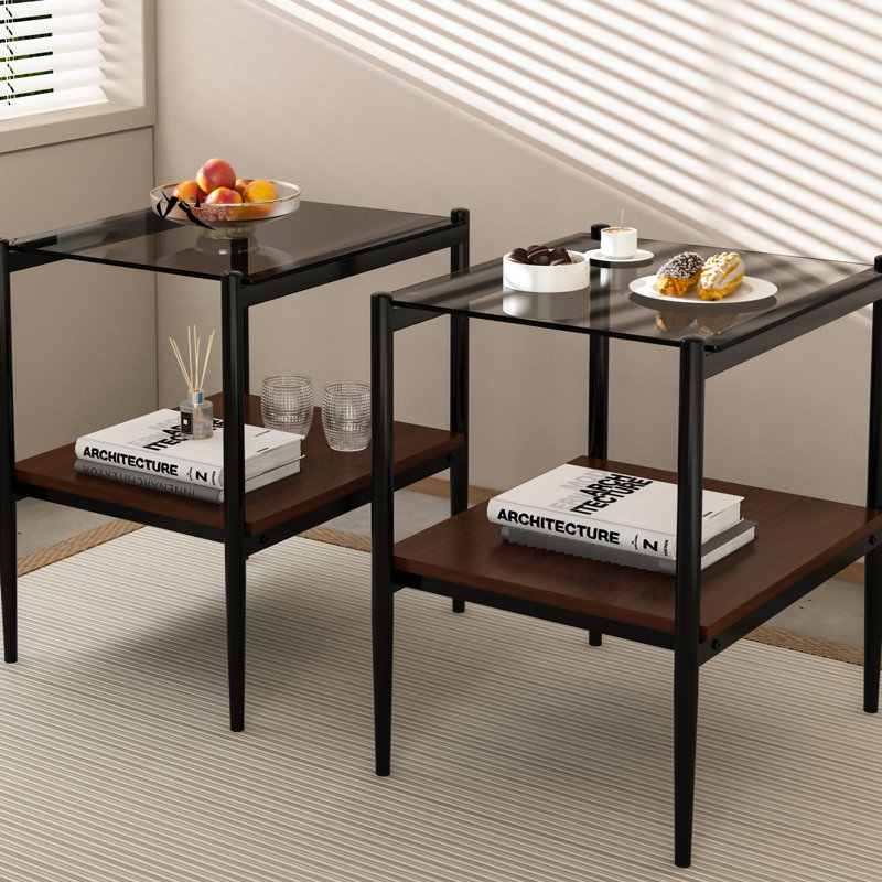 2 tables de bout rectangulaires en verre gris, créant un salon de table moderne en duo avec support trempé et solide