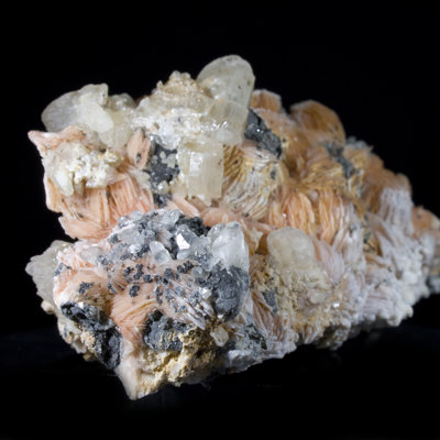 Cerussite and Galena on Pink Barite. Mibladen, Morocco