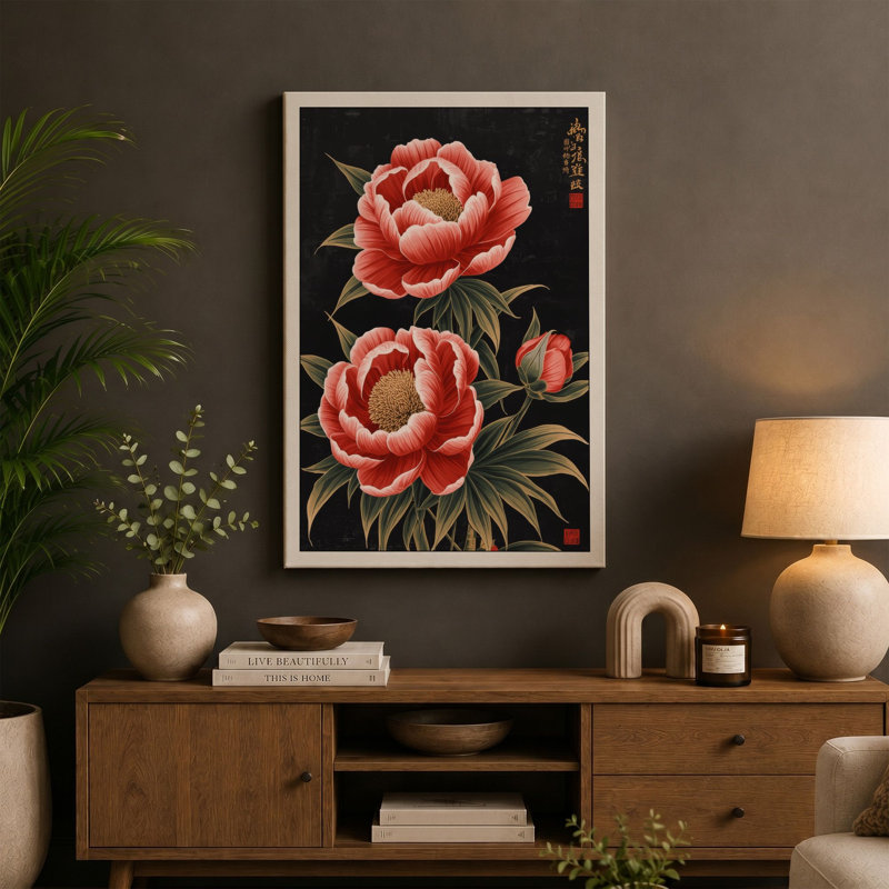 Peonies in Bloom Japandi - Wrapped Canvas, 36x24 - 91.4 x 61.0 cm, Sage Border