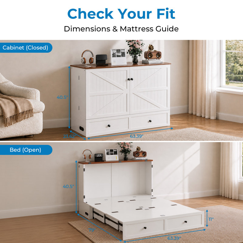 Murphy Bed Queen MDF Farmhouse Cabinet,White and Brown, Queen