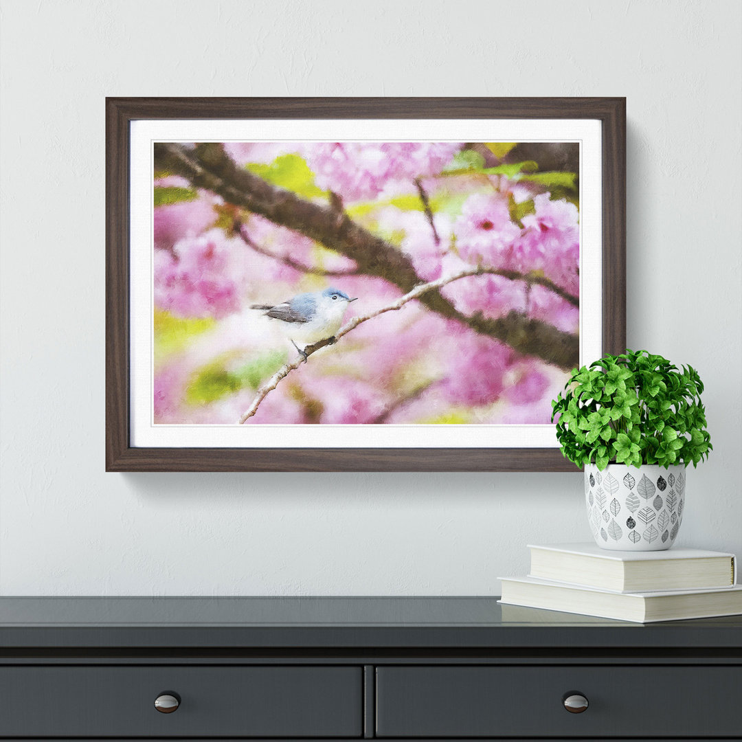 Bird In The Cherry Blossom Tree Painting - Single Picture Frame Print on MDF