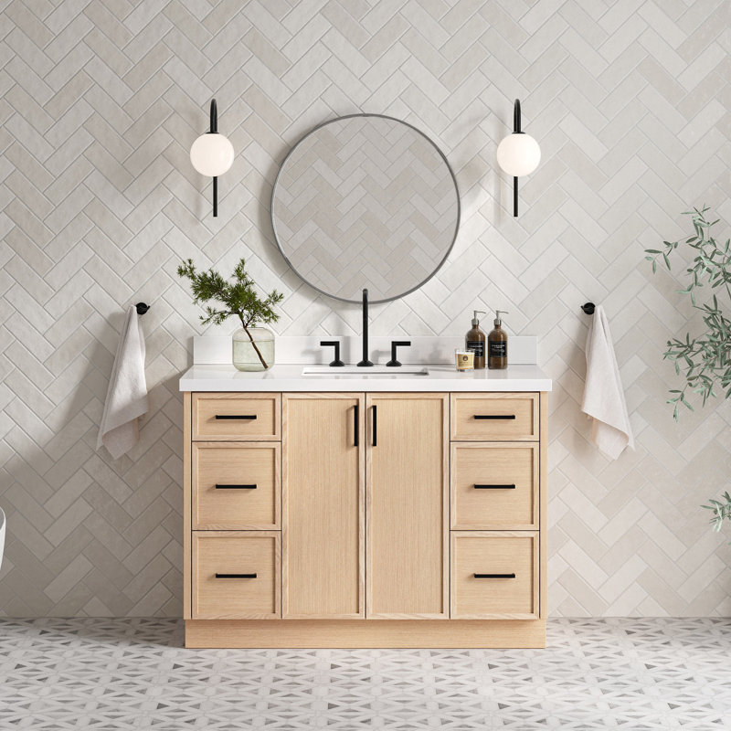 Ensemble de meuble-lavabo rectangulaire simple avec comptoir en quartz Ariel Kelly, Chêne, 49"