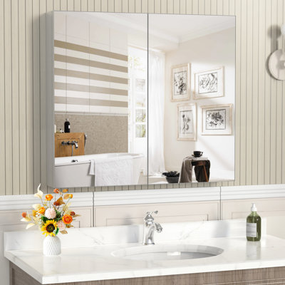 Miroir de salle de bain 32 po x 28 po argenté avec rangement réglable, tablettes multiples, charnières silencieuses et armoire à pharmacie murale étanche, structure en aluminium, imperméable, anticorrosion