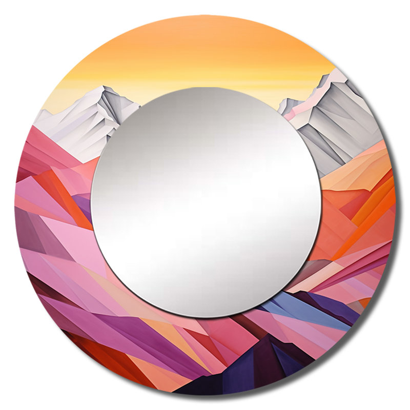 Montagnes Sunrise Realms - miroir mural montagnes, miroir décoratif rond traditionnel, impression d'art en métal