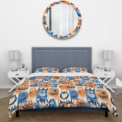 Orange Blue Childrens Friendly Monsters Pattern - Children Duvet Cover Set