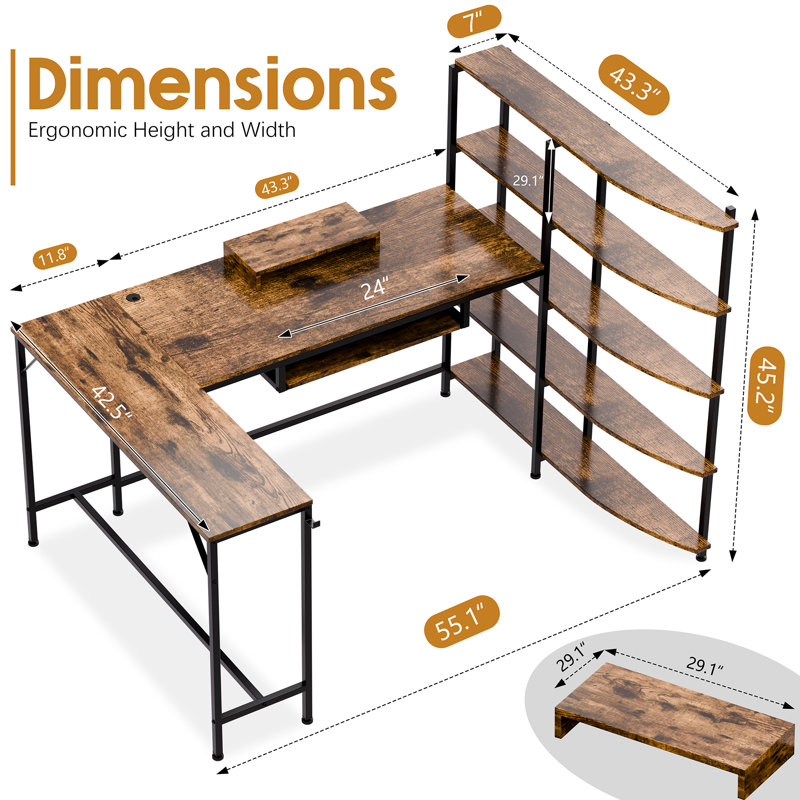 Omalley L-Shaped Computer Desk With 5-tier Shelves, Monitor Stand and Keyboard Tray