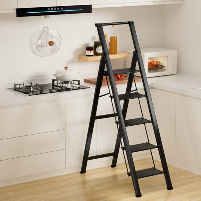 Folding 5-Step Ladder With Handrails, Anti-Slip Wide Pedal, 330Lbs Load Heavy Duty, Portable Aluminum Step Stool For Kitchen Home