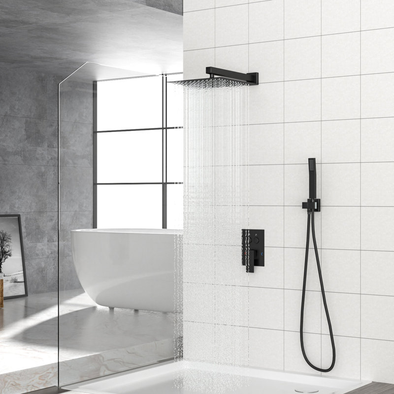 Pomme de douche double 1,8 GPM, noir mat, avec pomme de douche carrée et fonction portable, douche à effet pluie, fabrication laiton