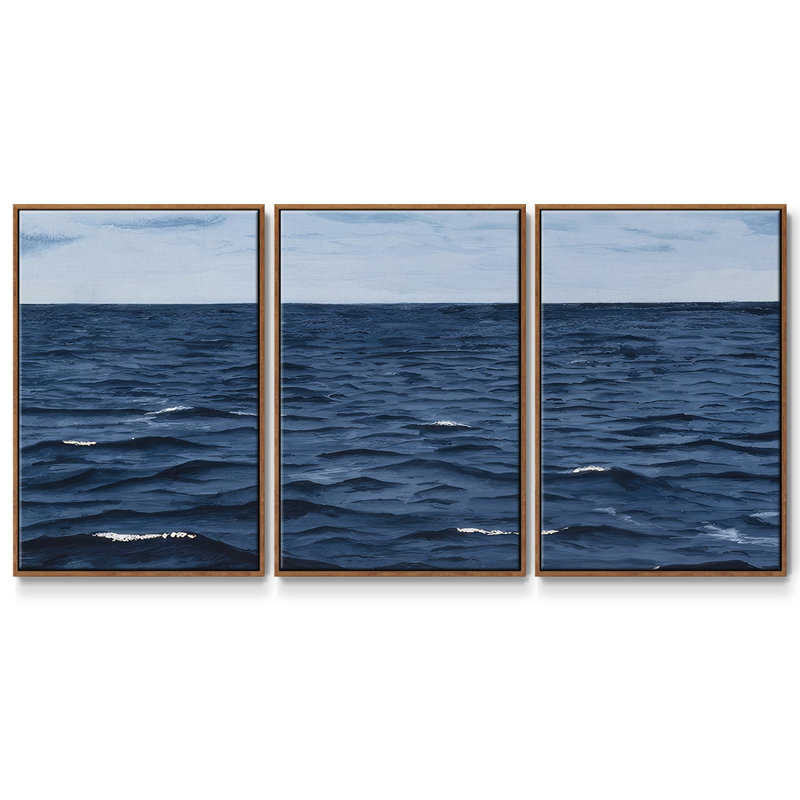 Grayscale Seascape III, ensemble de 3 toiles encadrées, Cadre noyer, H 36 po x l 75 po x P 2 po