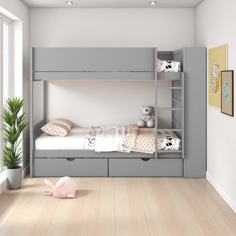 Lit superposé avec 2 tiroirs et armoire à couches multiples, Gris, Lit superposé double sur double