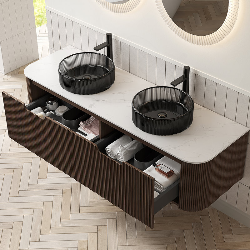 Meuble-lavabo mural 60 po avec lavabos, bords arrondis, rangement rayé, 2 tiroirs, 2 lavabos en verre noir transparent et comptoir, pré-assemblé, grain de bois foncé